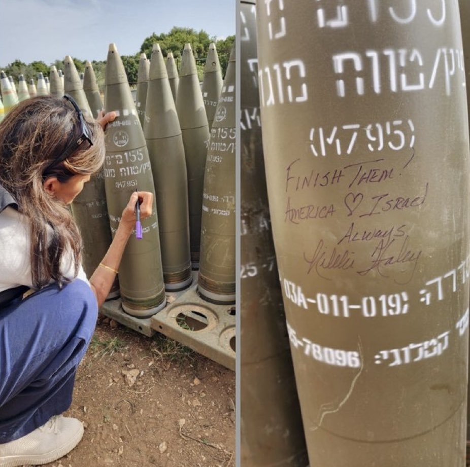 I think we need to have a serious conversation about the pandemic of criminal psychopathy among US politicians. Nikki Haley writes on an Israeli shell in northern Israel: “Finish them! America loves Israel” 👇🏽