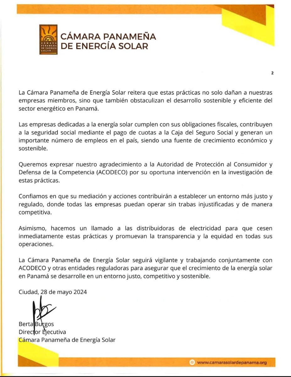 CARTA ABIERTA AL PAÍS Cámara Panameña de Energía Solar reitera la urgencia de cese de prácticas desleales en la Industria Solar La Cámara Panameña de Energía Solar, gremio que agrupa a las empresas dedicadas a la industria de la energía solar en el país, emite la presente nota