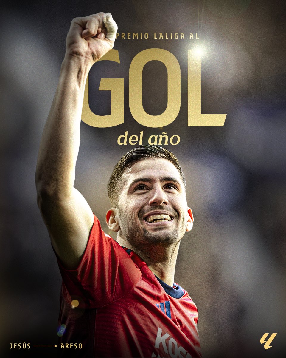 Osasuna's tweet photo. 🏆🤩 Jesús Areso se hace con el premio al gol del año de @LaLiga.

¡Enhorabuena, @jesusareso!

#PREMIOSLALIGA | #LALIGAAWARDS
#LALIGAGOALOFTHESEASON
#GlobeSoccer https://t.co/HUGKjvRWTx