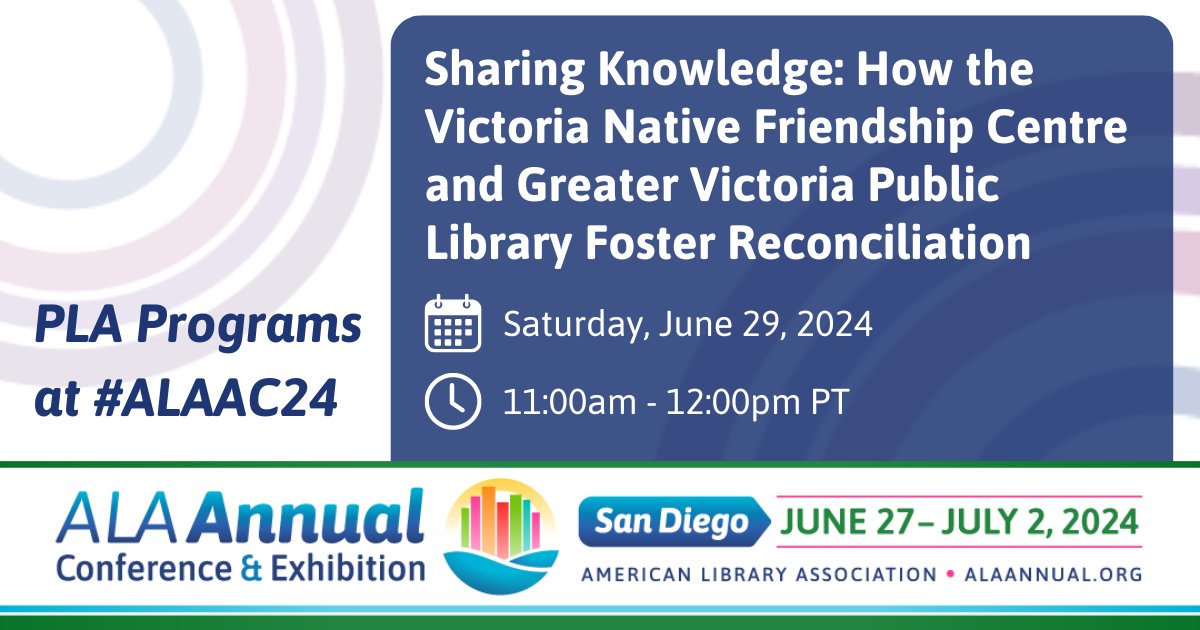 At #ALAAC24, learn how an Indigenous and non-Indigenous organization worked together to strengthen a sustainable partnership at 'Sharing Knowledge: How the Victoria Native Friendship Centre and Greater Victoria Public Library Foster Reconciliation'. ala.org/pla/education/…