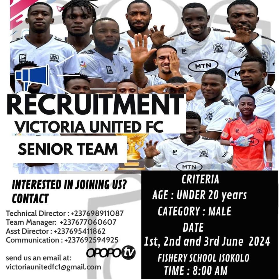 🔴 INFO: Le champion du Cameroun, Victoria United lance une campagne de recrutement de joueurs pour son équipe senior masculine. Condition: Être âgé de moins de 20 ans.