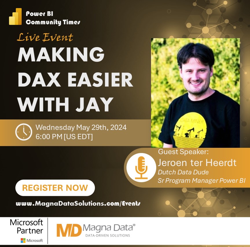 Power BI Community Times (@powerbitimes) on Twitter photo and we are back!! Join us Live tomorrow 6PM EDT
"Making DAX Easier with JAY!" (<a href="/JayPowerBI/">@jaypowerbi.bsky.social #PowerBI</a> )
RSVP: meetup.com/power-bi-commu…
#PowerBI #DAX #DataAnalytics #BusinessIntelligence #DataModeling #PowerBITimes and we are back!! Join us Live tomorrow 6PM EDT
"Making DAX Easier with JAY!" (<a href="/JayPowerBI/">@jaypowerbi.bsky.social #PowerBI</a> )
RSVP: meetup.com/power-bi-commu…
#PowerBI #DAX #DataAnalytics #BusinessIntelligence #DataModeling #PowerBITimes
