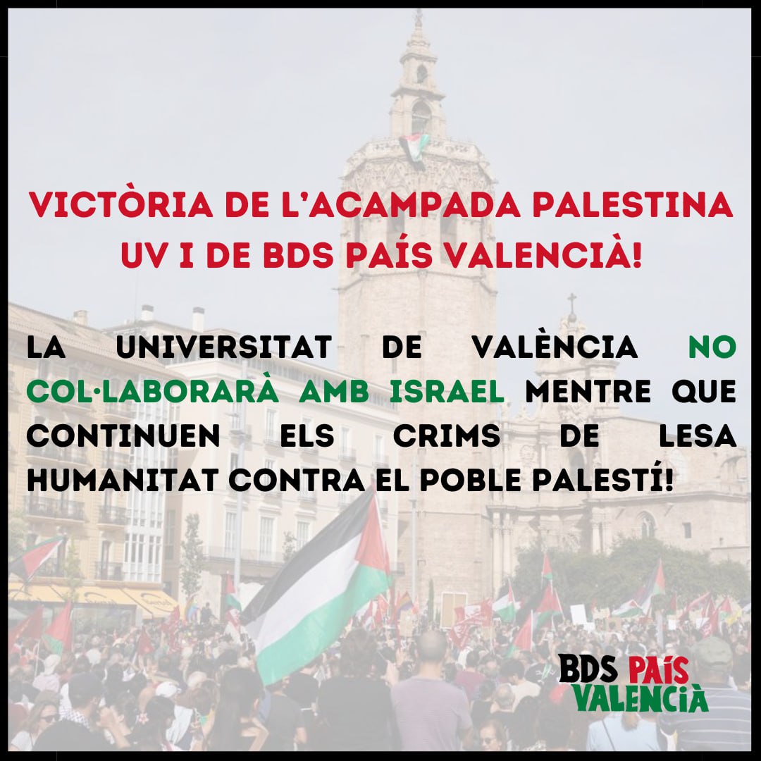 Gràcies a la solidaritat valenciana amb el poble palestí, la Universitat de València aprova per unanimitat no col•laborar amb el règim colonial israelià mentre continue cometent crims de lesa humanitat! ✊🏼🇵🇸

links.uv.es/KF5qhMC