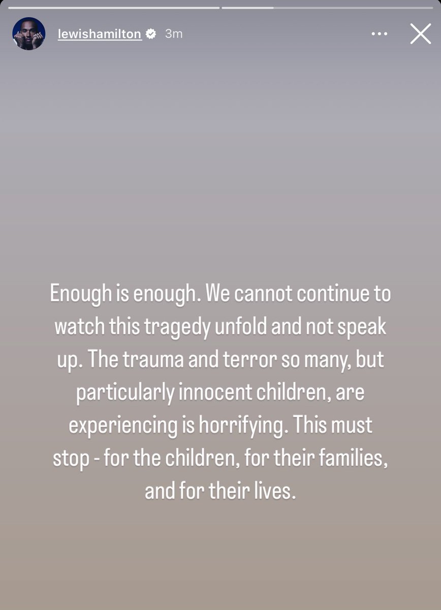 Lewis Hamilton speaks up on the ongoing genocide and the killing of Palestinian people via Instagram stories: “Enough is enough. We cannot continue to watch this tragedy unfold and not speak up. The trauma and terror so many, but particularly innocent children, are experiencing