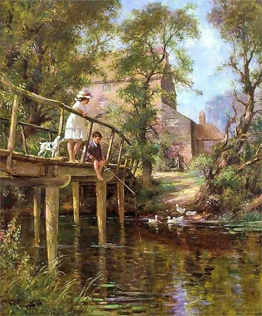 🎨William Kay Blacklock (1872-1924) Fishing from the Bridge