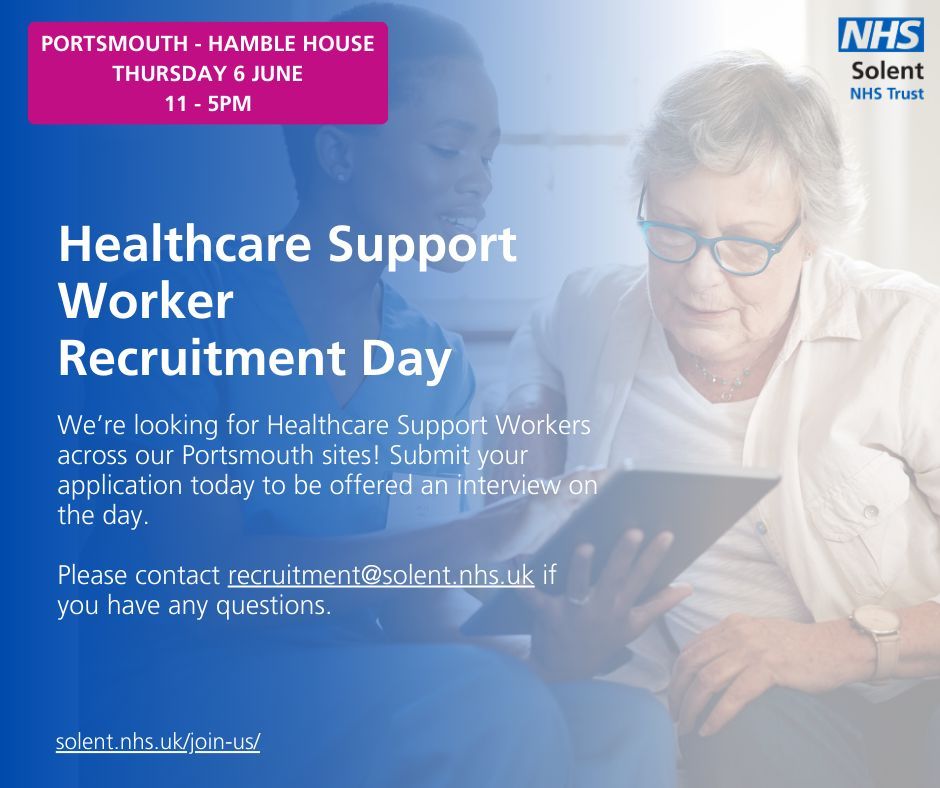 You're invited to our Health Care Support Worker Recruitment Day! We're on the hunt for Health Care Support Workers to work across our Portsmouth sites. 📆 Thursday 6 June 🕐 11am - 5pm Learn more 👉 buff.ly/3Vjghmo