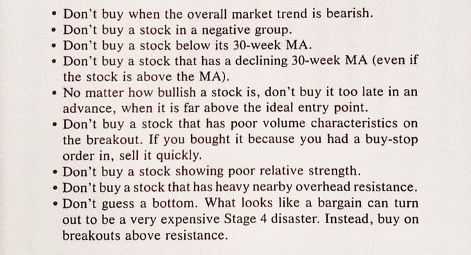 Here is Stan Weinstein's #checklist of when and what NOT to buy from his great book 'Secrets for profiting in bull and bear markets'.   Make sure that you internalize and never violate any of these rules and thus avoid crappy #stocks right from the beginning.