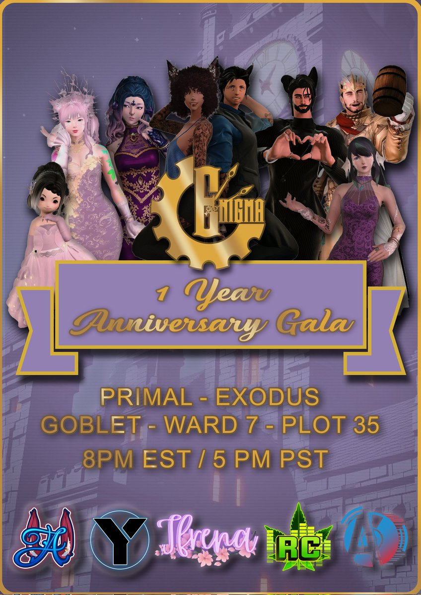 Yodhrin_'s tweet photo. @EnigmaFFXIV 's 1 year anniversary gala tonight! I will be joined by the amazing @AemiliaSatella, @Lazurella, @DJ_Rofcast &amp; @itsAramor. See you all there!!! https://t.co/0cJxZqbuht