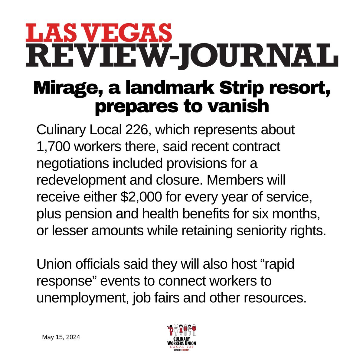 Culinary [Union], which represents about 1,700 workers there, said recent contract negotiations included provisions for a redevelopment & closure. Members will receive $2,000 for every year of service. 📰 Review Journal: reviewjournal.com/entertainment/…