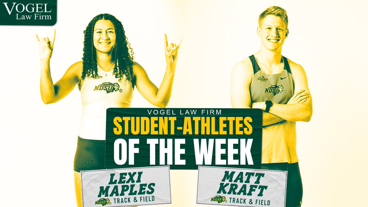 Congratulations to our Vogel Law Firm Student-Athletes of the Week! 🤘 Lexi Maples | Sr. | Whanganui, New Zealand | @NDSUTrackField 🤘 Matt Kraft | Sr. | Bismarck, ND | @NDSUTrackField