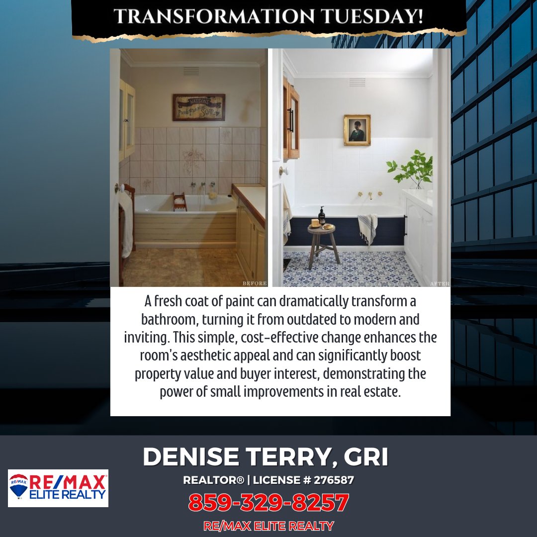 Denise Terry, GRI | REALTOR®, BROKER (@deniseterry94) on Twitter photo Check out this stunning bathroom makeover! A simple coat of paint turned an outdated space into a modern oasis. Small changes, BIG impacts! 🛠️🔑
#TransformationTuesday #RealEstate #NoHiddenFees #HiddenFREES #REMax #REMaxEliteRealty #Bluegrassrealtors #playingtowin <a href="/vaughtsviews/">Vaughts' Views</a> Check out this stunning bathroom makeover! A simple coat of paint turned an outdated space into a modern oasis. Small changes, BIG impacts! 🛠️🔑
#TransformationTuesday #RealEstate #NoHiddenFees #HiddenFREES #REMax #REMaxEliteRealty #Bluegrassrealtors #playingtowin <a href="/vaughtsviews/">Vaughts' Views</a>