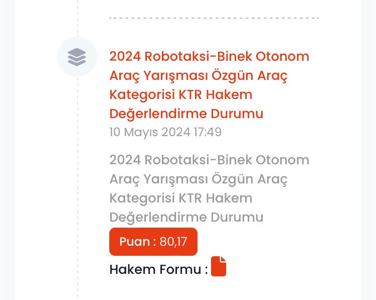 OTAGG  ekibi olarak TEKNOFEST Robotaksi-Binek Otonom Araç  Yarışması Özgün Araç Kategorisinde KTR aşaması başarılı sonuçlandı. Ekiplere destek veren hocalarımızı, ekip liderlerimizi ve  tüm ekip arkadaşlarımızı tebrik ediyoruz.            #otagg #otonom