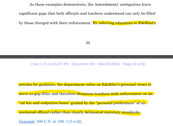 reporterporter's tweet photo. The judge calls out N.H. DOE for leaning on Commissioner Edelblut's op-eds as a type of personality-driven "gap-filler" that has taken the place of clearly articulated public policy. https://t.co/OPRxIENO3F https://t.co/RQFMLrZC2A