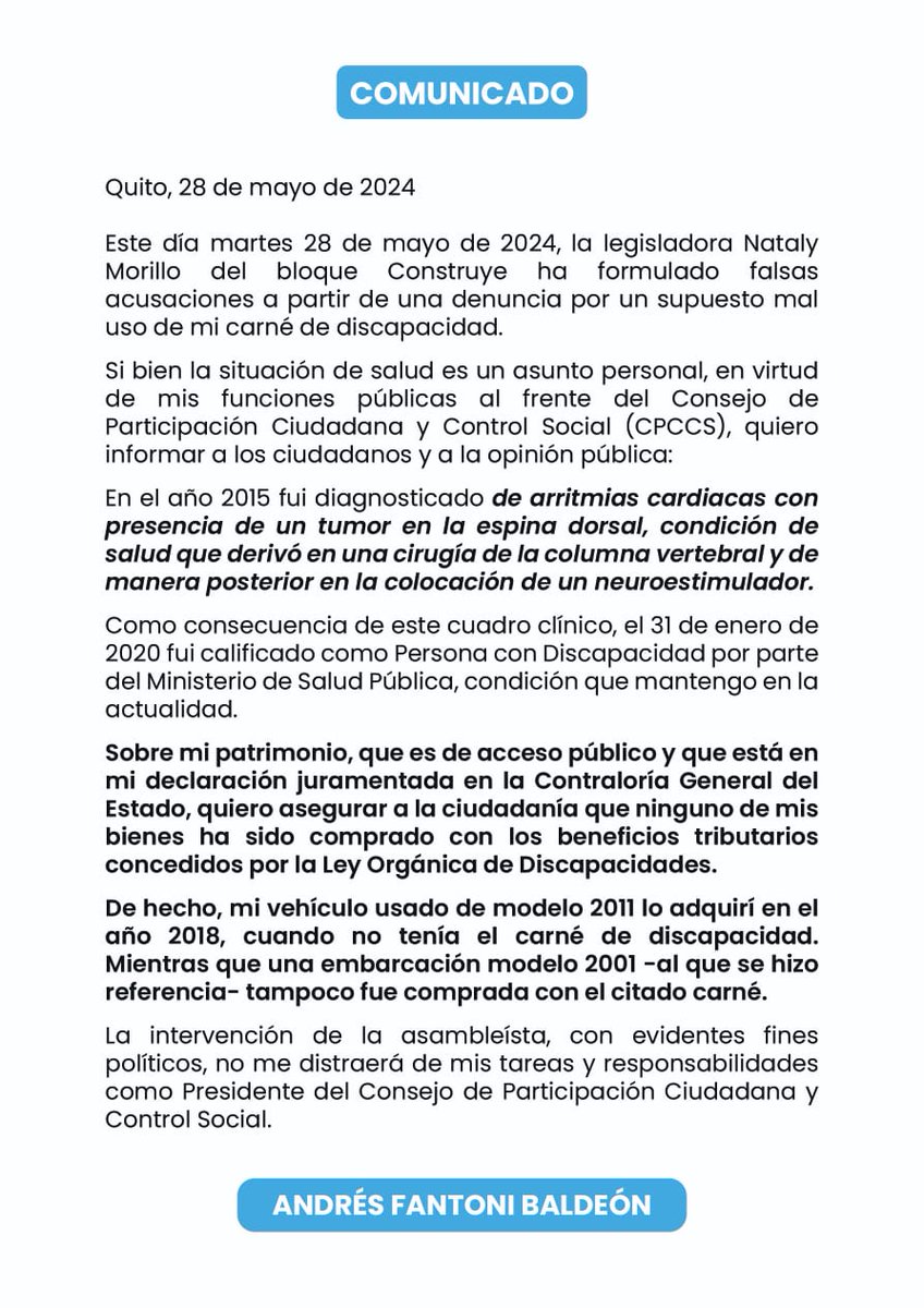 #ATENCION 🚨 Frente a la denuncia de Nataly Morillo, @AndresFantoniB, presidente del CPCCS, explicó que en 2020 fue calificado como Persona con Discapacidad por el MSP debido a una cirugía de columna y la colocación de un neuroestimulador. #Noticias #Ecuador #Urgente #Ahora