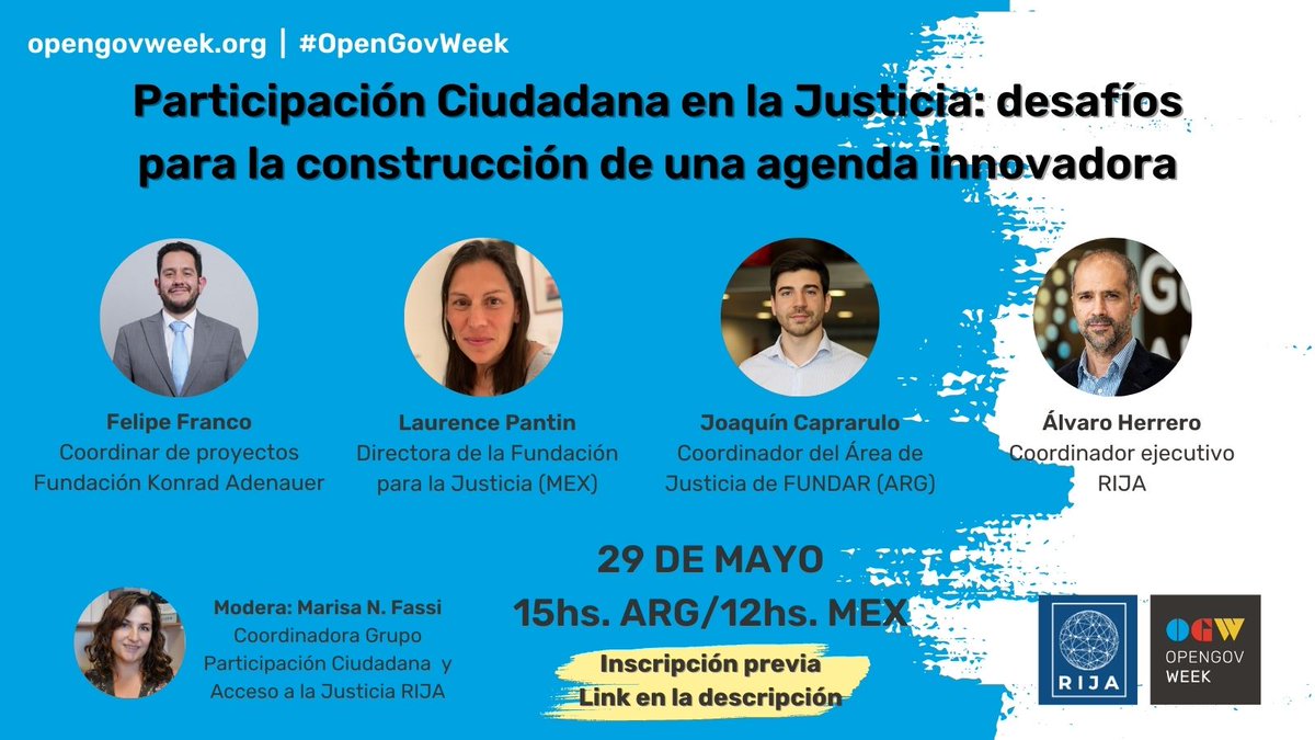 En el panel👇

➡️<a href="/FelipeFrancog/">Felipe Franco</a>, coordinador de proyectos de <a href="/KASiusLA/">KASiusLA</a>.
➡️<a href="/lpantin/">Laurence Pantin</a>, Directora de la Fundación para la Justicia de México (<a href="/FJEDD/">Fundación para la Justicia</a>)
➡️<a href="/joaquin_capra/">Joaquin Caprarulo</a>, Coordinador del área de Justicia de FUNDAR 
➡️ <a href="/alvarojherrero/">Alvaro Herrero</a>, coordinador ejecutivo de RIJA

Modera: <a href="/FassiMarisa/">Marisa Fassi</a>