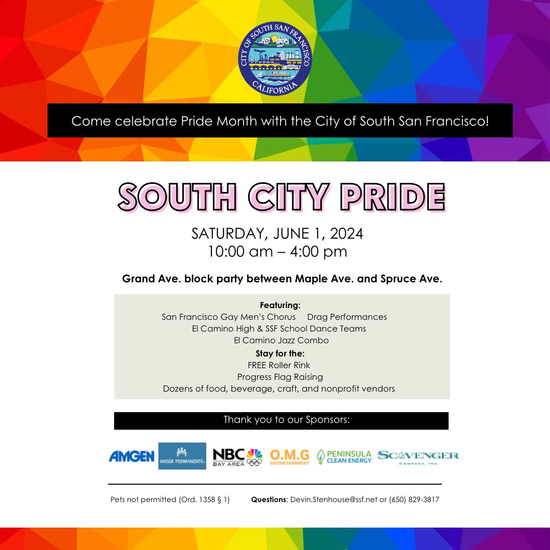South San Francisco (@cityofssf) on Twitter photo . <a href="/SFGMC/">SF Gay Men's Chorus</a>, drag performers, dance teams, jazz, and as rink - all the fun that awaits you at our upcoming #pride event this Saturday.
#SSFPride2024
#bayareaevents . <a href="/SFGMC/">SF Gay Men's Chorus</a>, drag performers, dance teams, jazz, and as rink - all the fun that awaits you at our upcoming #pride event this Saturday.
#SSFPride2024
#bayareaevents