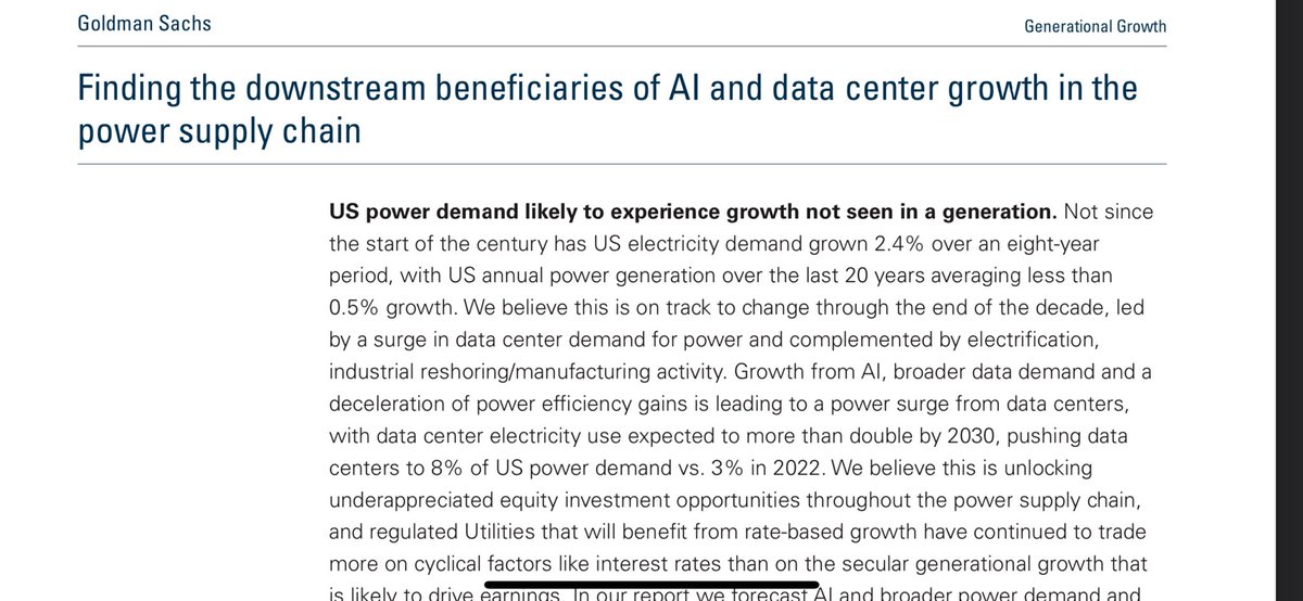 recent @GoldmanSachs report on AI data centers and power needs - this is a generational opportunity for investing in the power supply chain ⚡️

goldmansachs.com/intelligence/p…