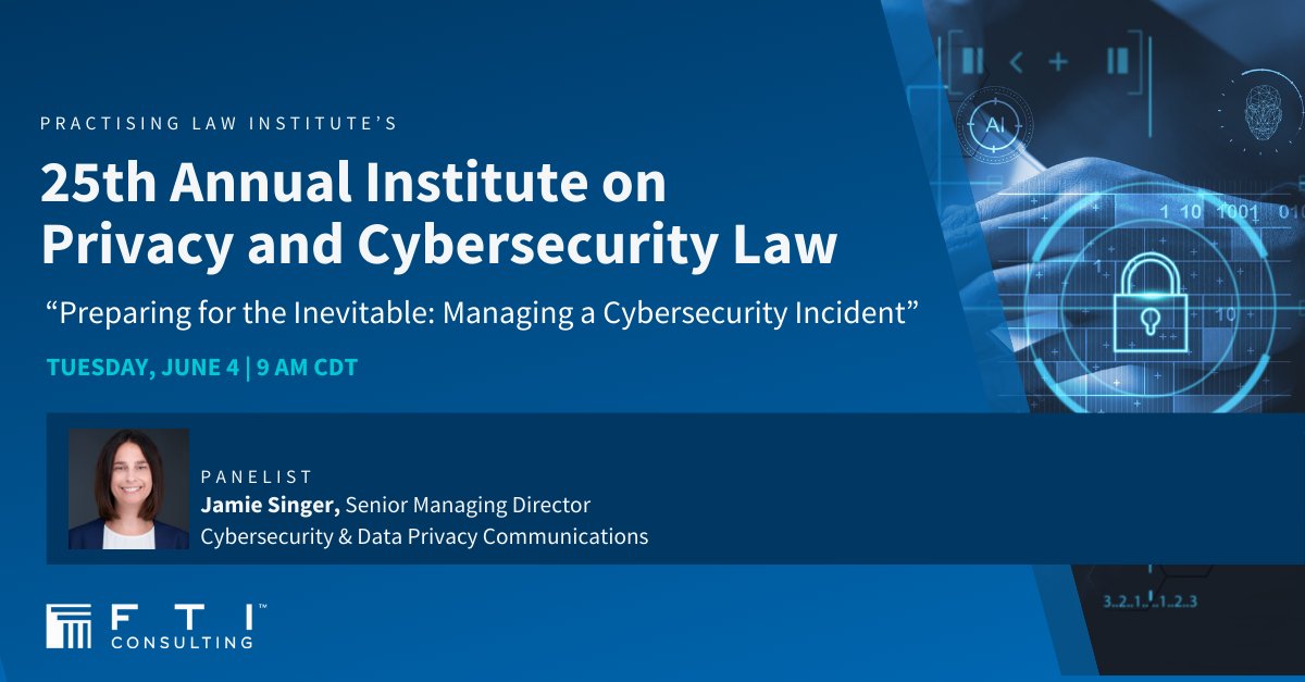 Join @JamieErynSinger and fellow cybersecurity experts at @PractLawInst's Institute on Privacy and Cybersecurity Law on June 4 for practical guidance on cybersecurity preparedness through a mock event tabletop exercise. Register here: bit.ly/3yGYVr6