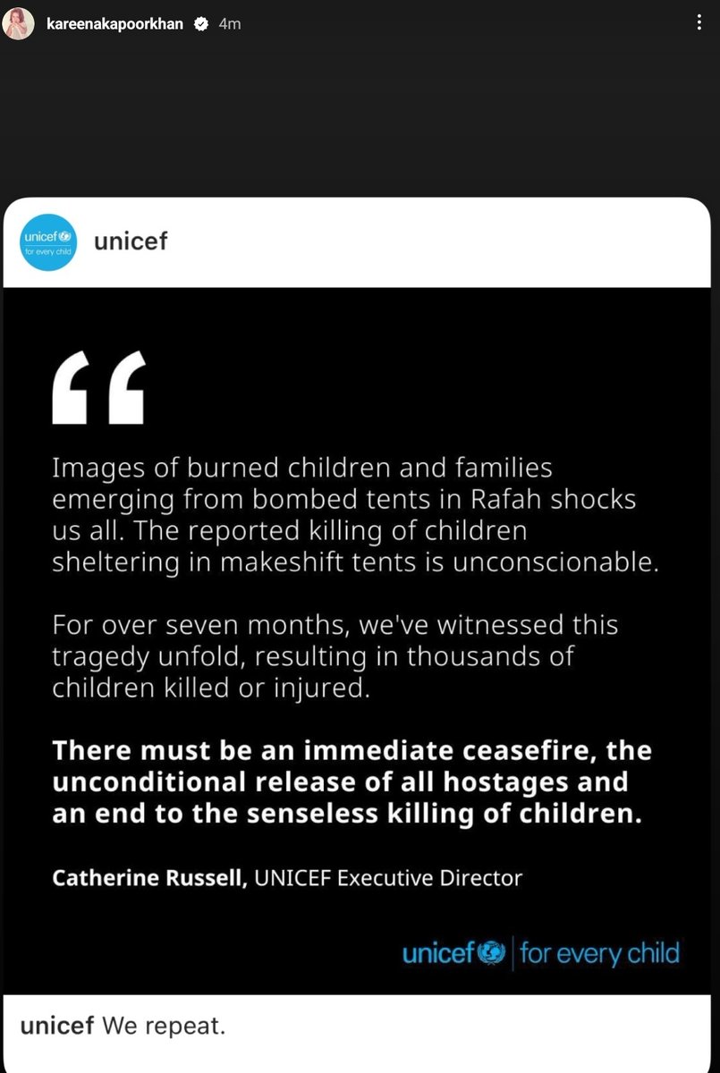Kareena Kapoor Khan shares a UNICEF post condemning the massacre in Rafah