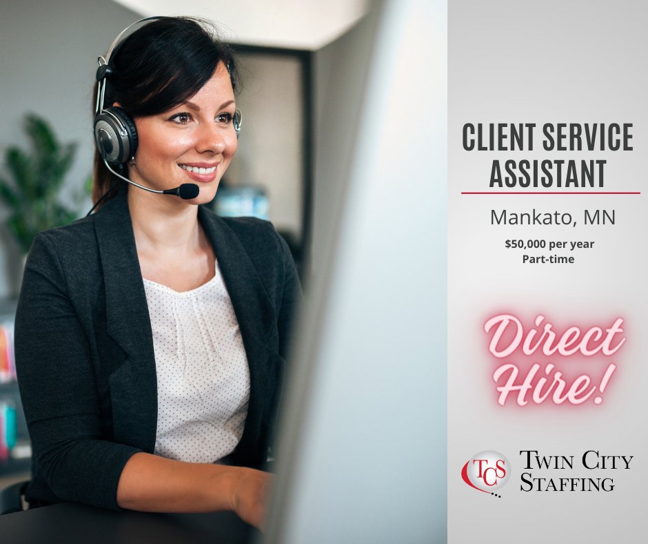 Direct Hire!

To apply ow.ly/NpcG50RYNpt

#JobOpportunity #ClientServiceAssistant #MankatoJobs #FinanceJobs #AdministrativeSupport #DirectHire #JoinOurTeam #NowHiring #TwinCityStaffing #CareerOpportunity #FinancialAdvisorAssistant #ApplyNow #JobOpening #HiringNow