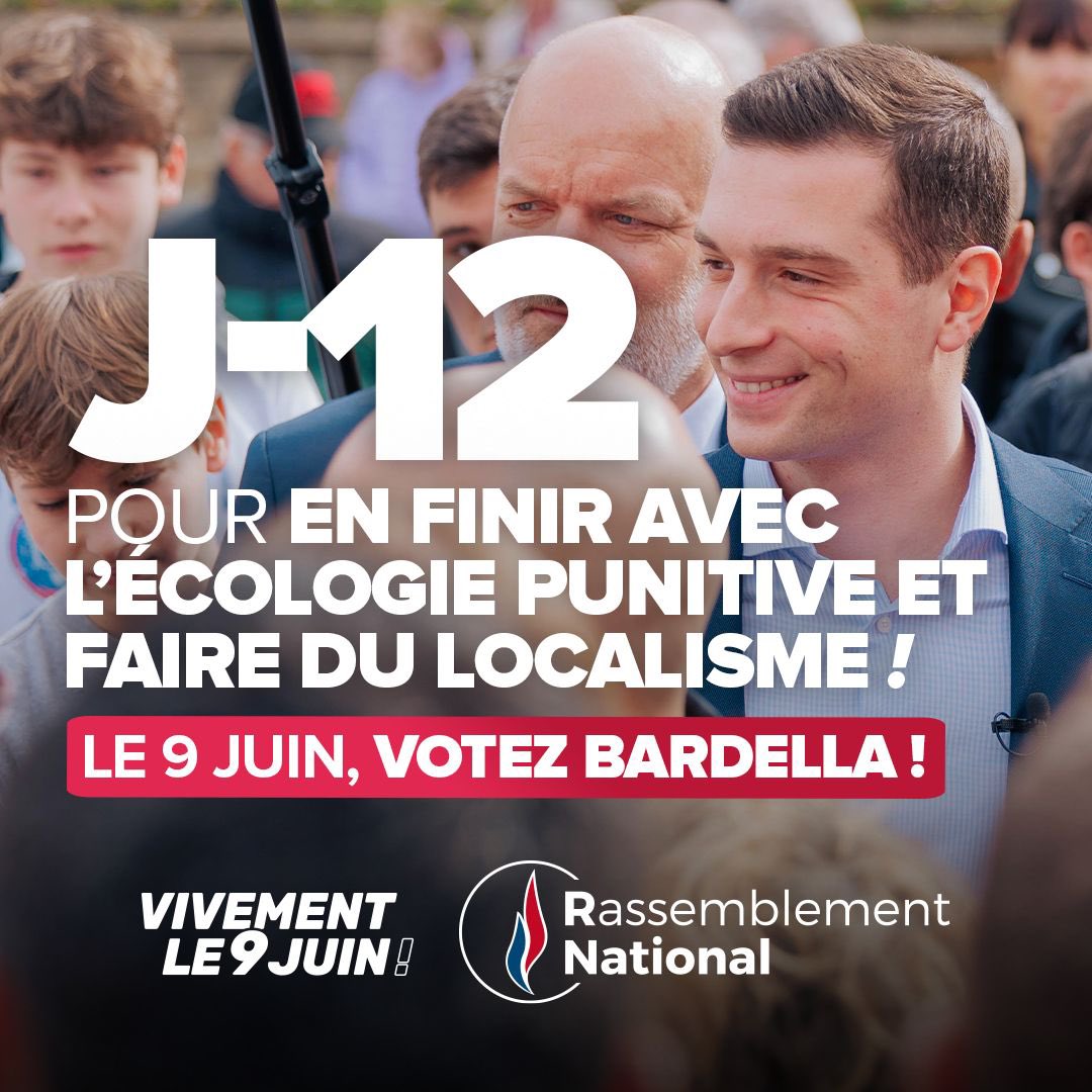 🔵 J-12 pour en finir avec l’écologie punitive qui pourrit la vie des Français. J-12 pour faire du localisme, protéger l’environnement, aider nos agriculteurs et manger Français. Le 9 juin, pas d’abstention, pas de dispersion, un seul vote, @J_Bardella ! #VivementLe9Juin