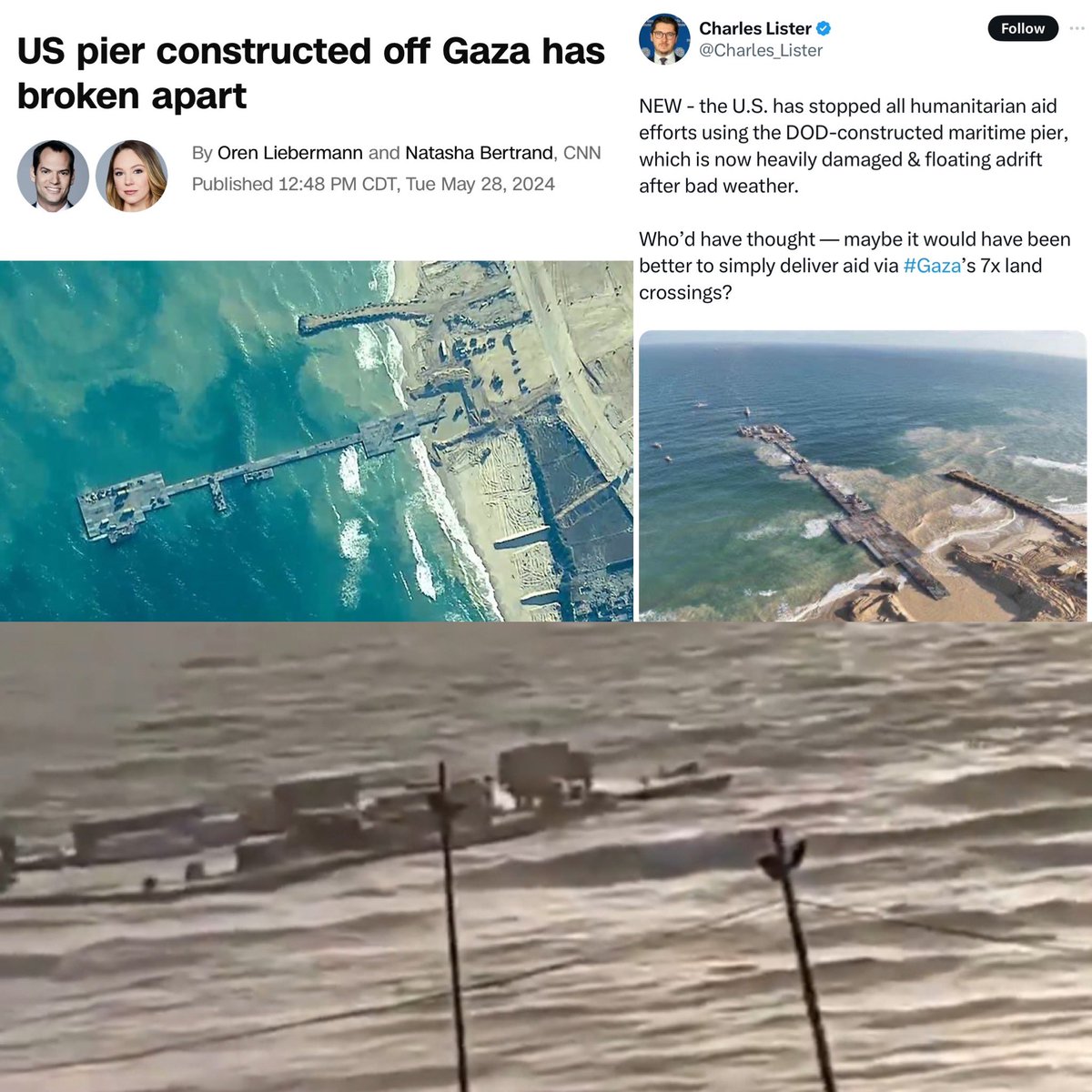 CNN: “The temporary pier constructed by 🇺🇸 military to transport aid into Gaza broke apart in heavy seas…” cnn.com/2024/05/28/pol…