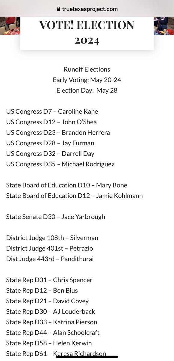 🚨PLEASE SHARE w/family and friends who live in TEXAS 🚨 These are the TRUE GRASSROOTS candidates! Look @ complete list below ⬇️ by @TrueTXProject US Congress 12 - John O’Shea @oshea4texas US Congress D23 - Brandon Herrera @TheAKGuy US Congress D28 - Jay Furman