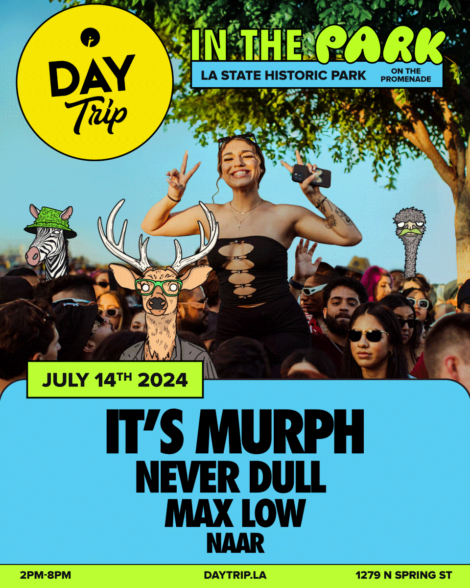 We're pleased to welcome @itsmurph for his Day Trip debut as he brings his unique blend of stutter house and euphoric melodies to #DayTripInThePark Sunday, 7/14! ☀️🌴He's Joined by @iamneverdull, @whoismaxlow and Naar.fm → daytrip.la/0714