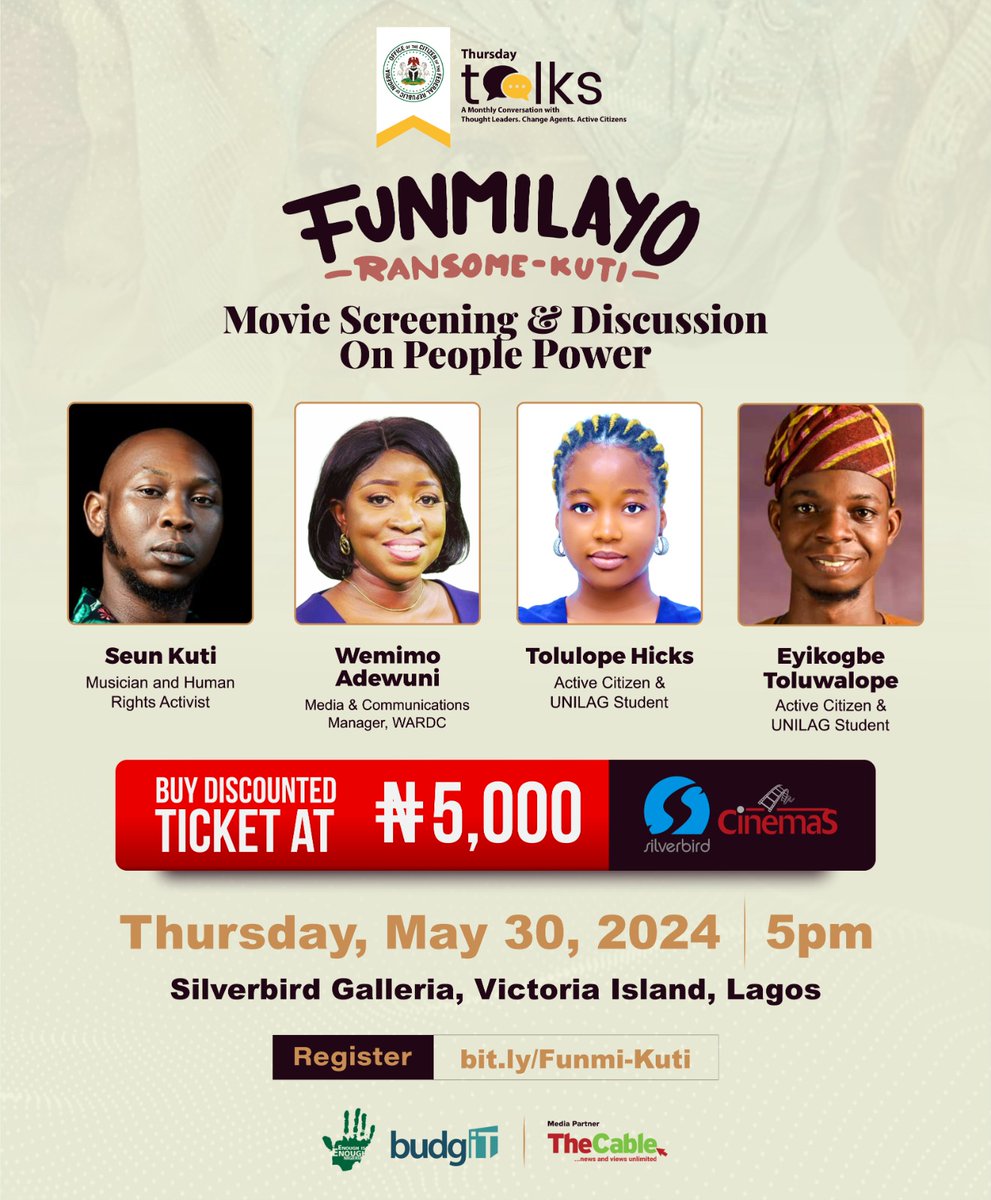 Funmilayo Ransome-Kuti: A Special #ThursdayTalks Edition is happening this Thursday at Silverbird Galleria, VI.
Get your discounted ticket at N5,000 NOW: 👉 bit.ly/Funmi-Kuti
🎤  @RealSeunKuti @thics_sweetness
@wemimospot  @ted_eyiks
