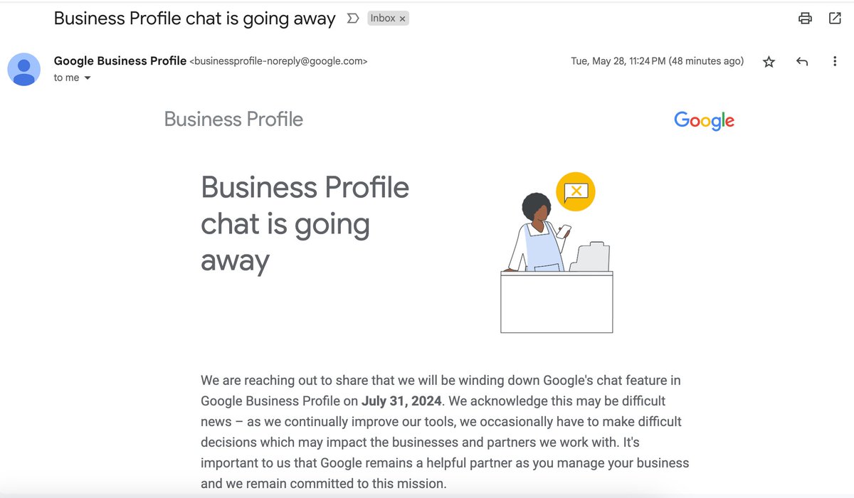 .@killedbygoogle Have a spare tombstone?
Google business profile chat is going away on 31st July 2024.
#SEO #LocalSEO