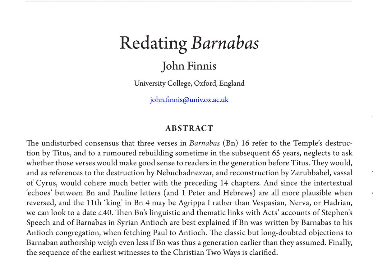Conservative and Controversial legal scholar John Finnis appears in the most recent JTS arguing that the Epistle of Barnabas was written in 40 CE *by Barnabas*. 

In the comments, post what field you think John Finnis should be conservative and controversial in next.