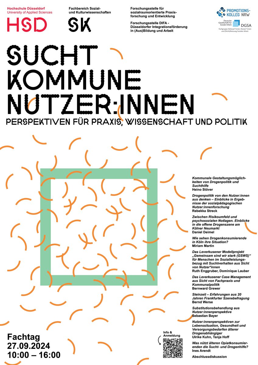 Sucht - Kommune - Nutzer*innen.

Unter diesem Titel findet am 27.09.2024 eine Tagung an der @hsduesseldorf statt. Ich freue mich Teil der Veranstaltung zu sein und auf eine rege Beteiligung.

Anmeldung unter :

soz-kult.hs-duesseldorf.de/forschung/fors…