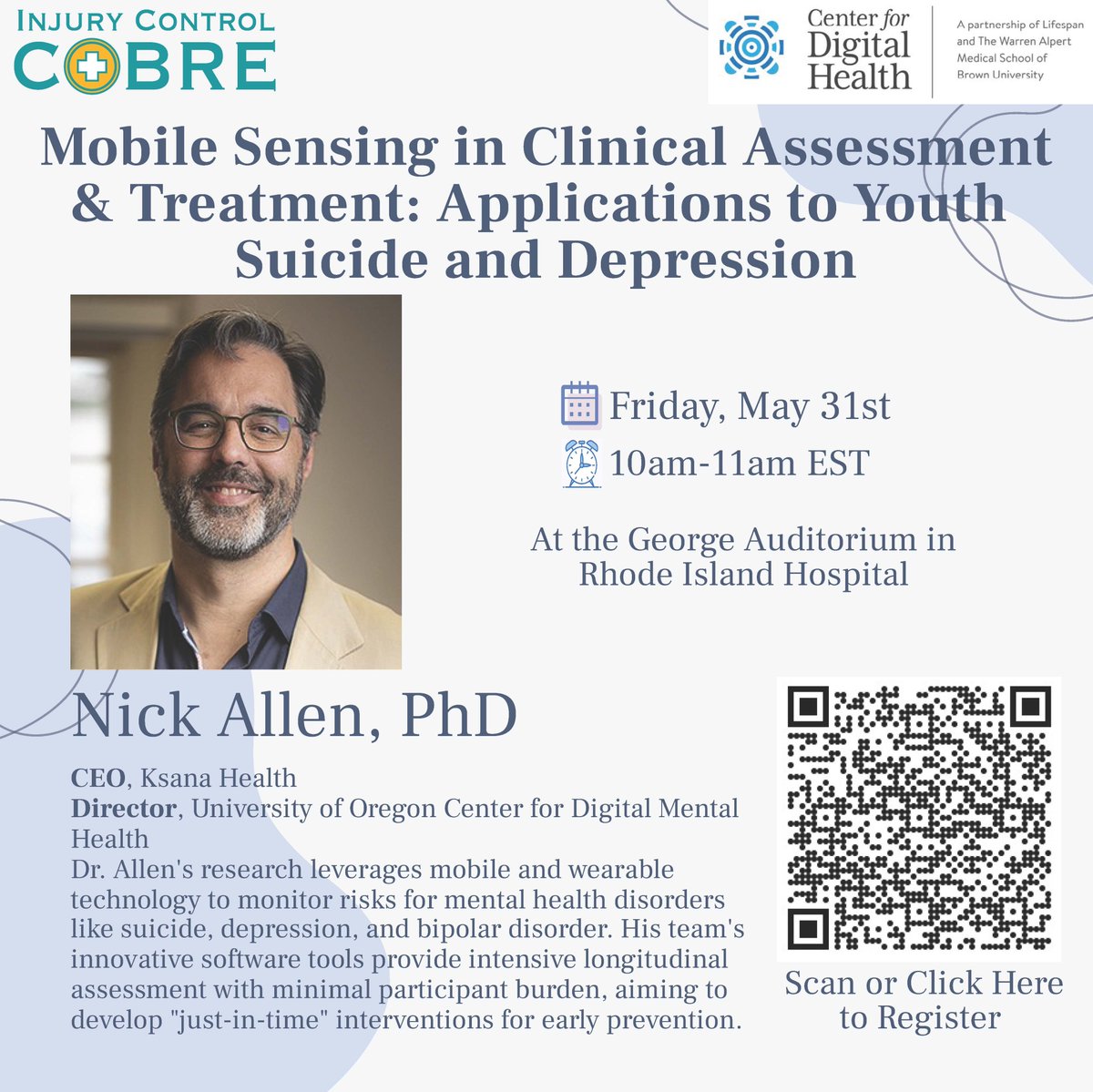 Join us this Friday for Dr. Allen's presentation at the George Auditorium at Rhode Island Hospital. A light breakfast will be served ☕, see you there! Dr. Nick Allen: Mobile Sensing in Clinical Assessment and Treatment Tickets, Fri, May 31, 2024 at 10:00 AM | Eventbrite