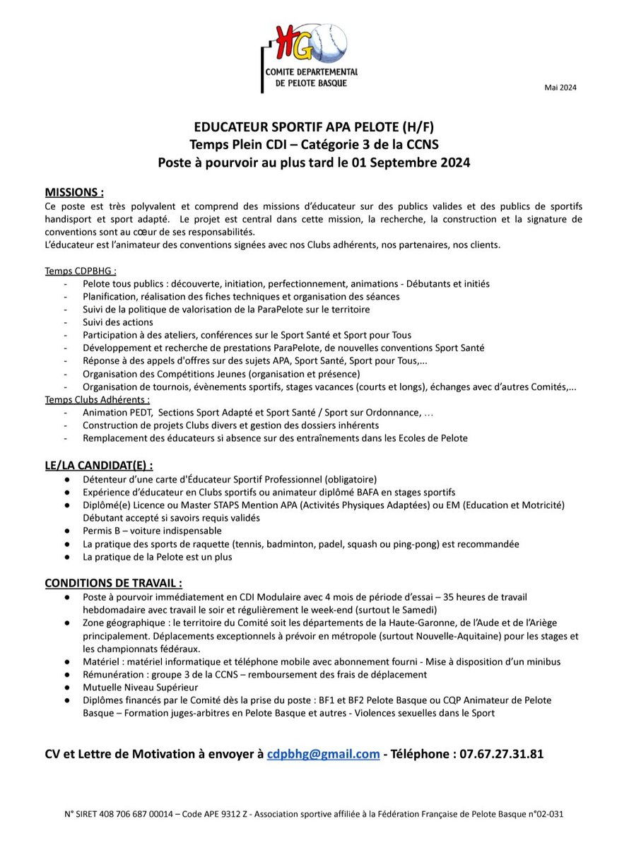 Receutement Educateur-Educatrice sportive spécialisé Activités Physiques Adaptées.
MIssions très variées aussi sur TOUS les publics, de tous âges. 
De la découverte, de la promotion, de l'initiation, de l'animation,  de l'entraînement de la Pelote Basque nos 3 départements !