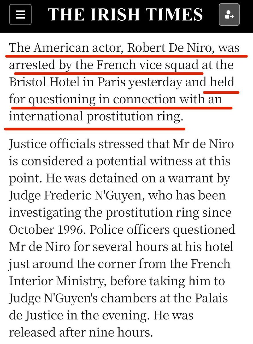 Para no olvidar, Rober de Niro fue arrestado por la policia francesa en París en 1998, para ser interrogado sobre su conexión con un anillo de prostitucion internacional, su interrogatorio en el palacio de justicia frances duro 9 horas, por supuesto que va a apoyar a Biden.😏😉