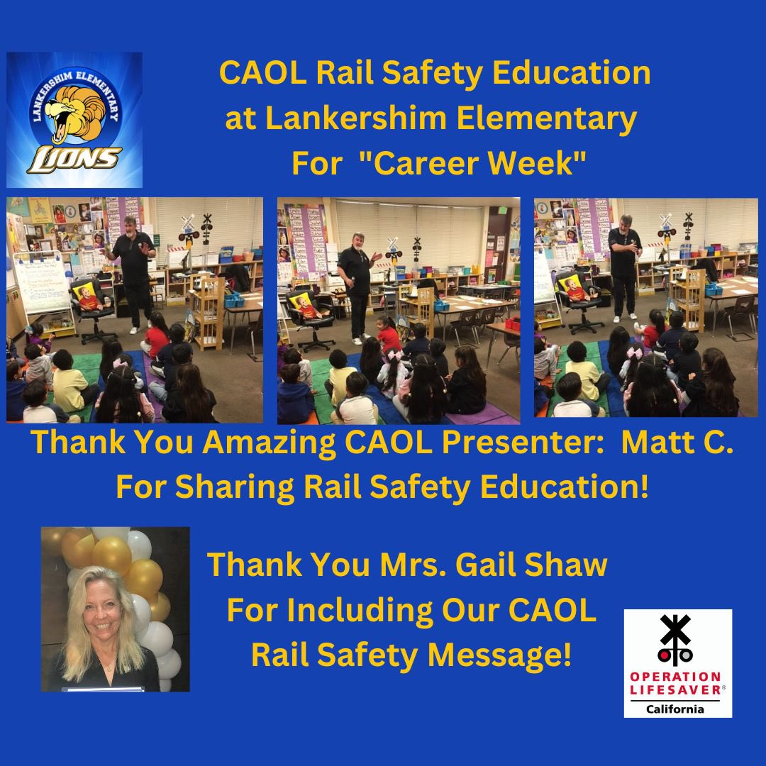 Thank and Mrs Shaw for your support and for including @CAOpLifeSaver in your Career Week. CAOL Presenter, Matt C. shared Rail Safety Education and his CPUC career information with the students. Thank you Matt! #RailSafetyEd #SaveLivesTell5