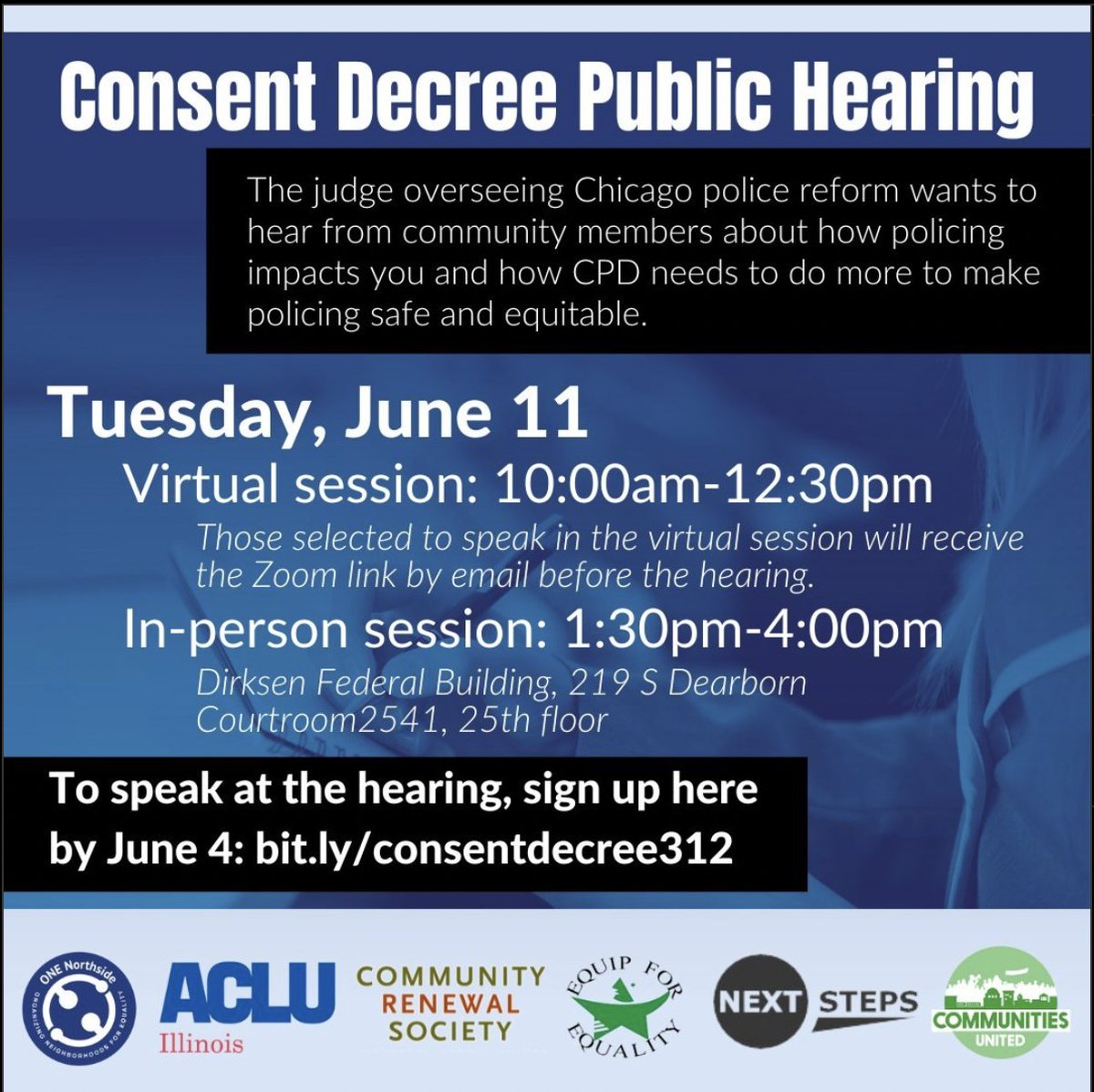 👋🏾 Join us and our coalition partners on Tuesday, June 11, for the Consent Decree Public Hearing event as we call for police reform through the Chicago Police Department consent decree.

#ConsentDecree #chicago #policereform #cpd