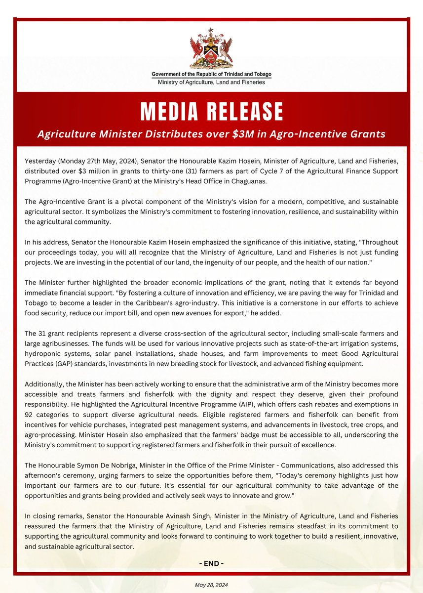 maftt_'s tweet image. MEDIA RELEASE: Agriculture Minister Distributes over $3 million in Agro-Incentive Grants

Learn more: agriculture.gov.tt/media-releases…

#MALF #AgroIncentiveGrant #ChequeDistribution