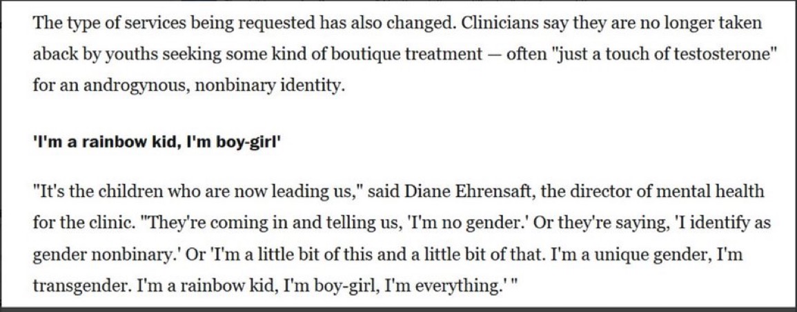 4th_WaveNow's tweet image. Awestruck reverence for a child's "gender identity" wisdom has been touted by US clinicians--for years. Here's @washingtonpost in 2018 quoting Diane Ehrensaft w/zero pushback. "It's the children who are now leading us." The rainbow boy-girls. @jk_rowling
archive.is/uQK60