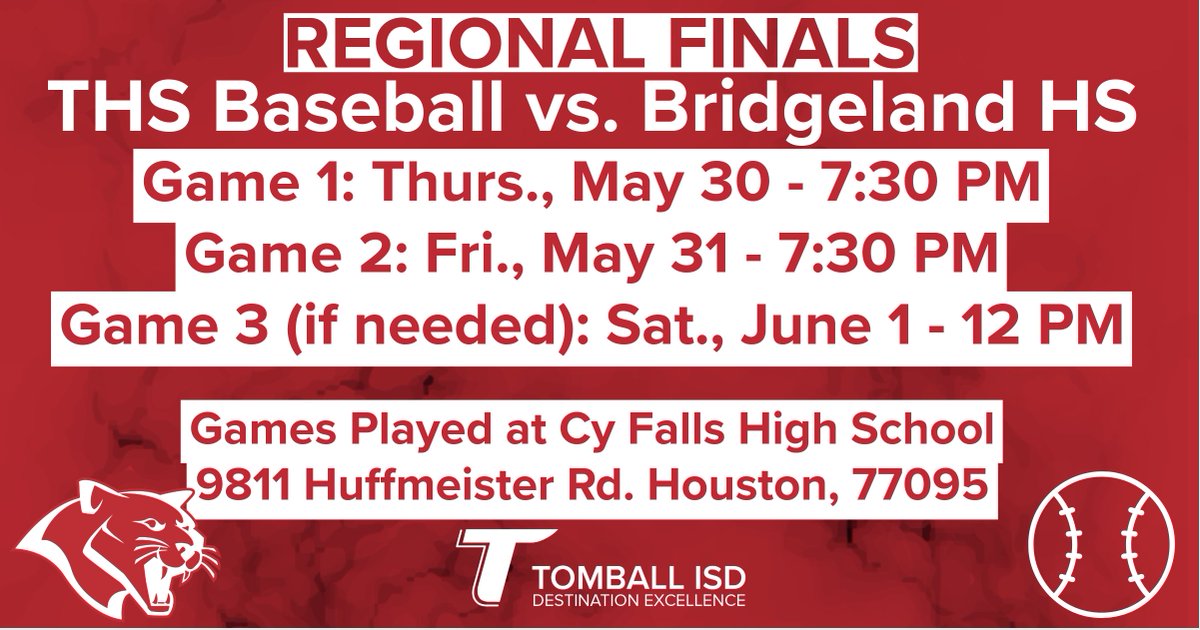 Congrats again to @tomball_bsball for advancing to the Regional Finals! 

Make plans to cheer on the Coogs this week vs. Bridgeland. All games played at Cy Falls HS.

Thursday: cfisd.hometownticketing.com/embed/event/44…

Friday: cfisd.hometownticketing.com/embed/event/44…

Saturday (if needed): cfisd.hometownticketing.com/embed/event/44…