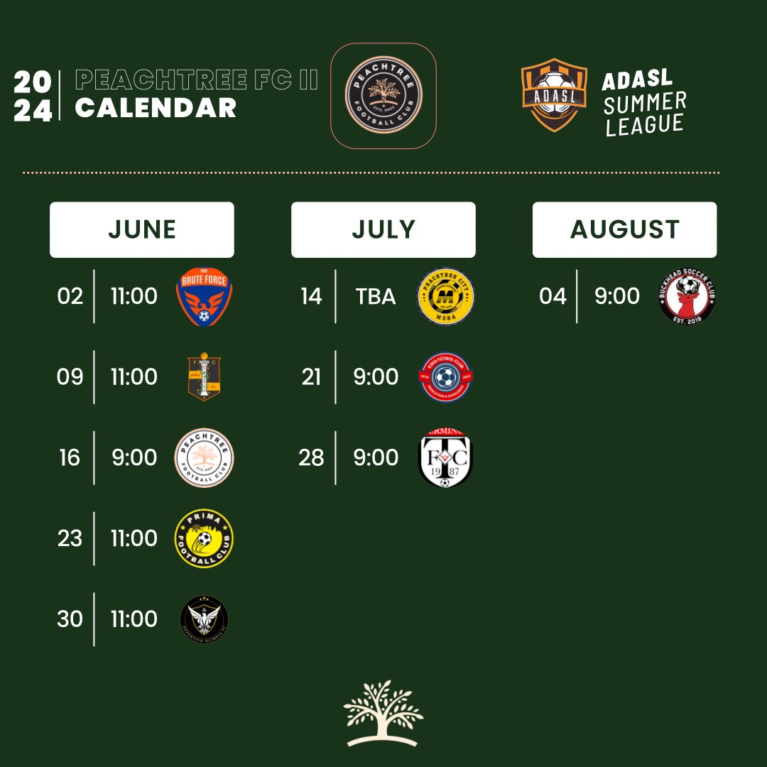 Two Teams, One Club

Check out our schedule for both sides competing in the ADASL Summer League including the first ever Peachtree FC Derby on June 16th

Mark your calendars and look out for more details on each game including location in the near future

#supportlocalsoccer