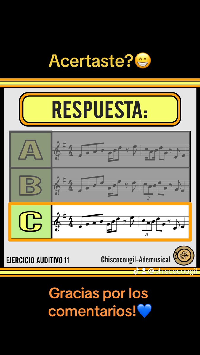 Chiscocougil's tweet photo. 🎶 Hola! Aquí tenéis la respuesta del ejercicio de entrenamiento auditivo número 11, “¿Qué melodía suena?”
Y por supuesto … 
…muchas gracias a todos por vuestros comentarios! 💙

#solfeo #entrenamientoauditivo #lenguajemusical https://t.co/WYLB9PfD3I