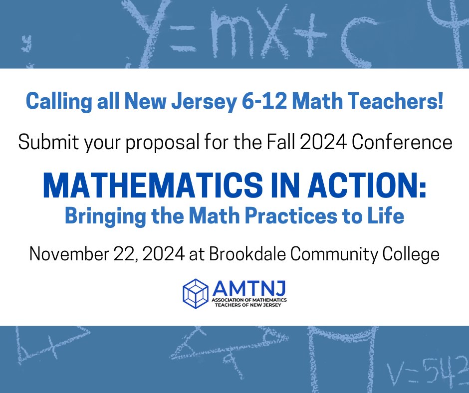AMTNJ - Association of Math Teachers of New Jersey (@amtnj) on Twitter photo 📢 Calling all math educators! Join us at the AMTNJ Fall Secondary Content Conference, "Math Practices in Action," on Nov 22 <a href="/BrookdaleCCNews/">BrookdaleCC</a>. Share your expertise! Submit proposals by June 8, 2024. More info: amtnj.org/conferences/ #AMTNJFall24 #AMTNJ #LearnwithAMTNJ 📢 Calling all math educators! Join us at the AMTNJ Fall Secondary Content Conference, "Math Practices in Action," on Nov 22 <a href="/BrookdaleCCNews/">BrookdaleCC</a>. Share your expertise! Submit proposals by June 8, 2024. More info: amtnj.org/conferences/ #AMTNJFall24 #AMTNJ #LearnwithAMTNJ