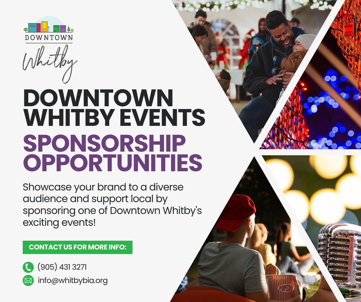 Want to make a difference in our incredible town? The #DowntownWhitby BIA is on the lookout for businesses &amp; individuals to sponsor some super exciting events! ✨

We’ve got unique sponsorship levels for every budget. Ready to shine? Email us at info@whitbybia.org 📧
