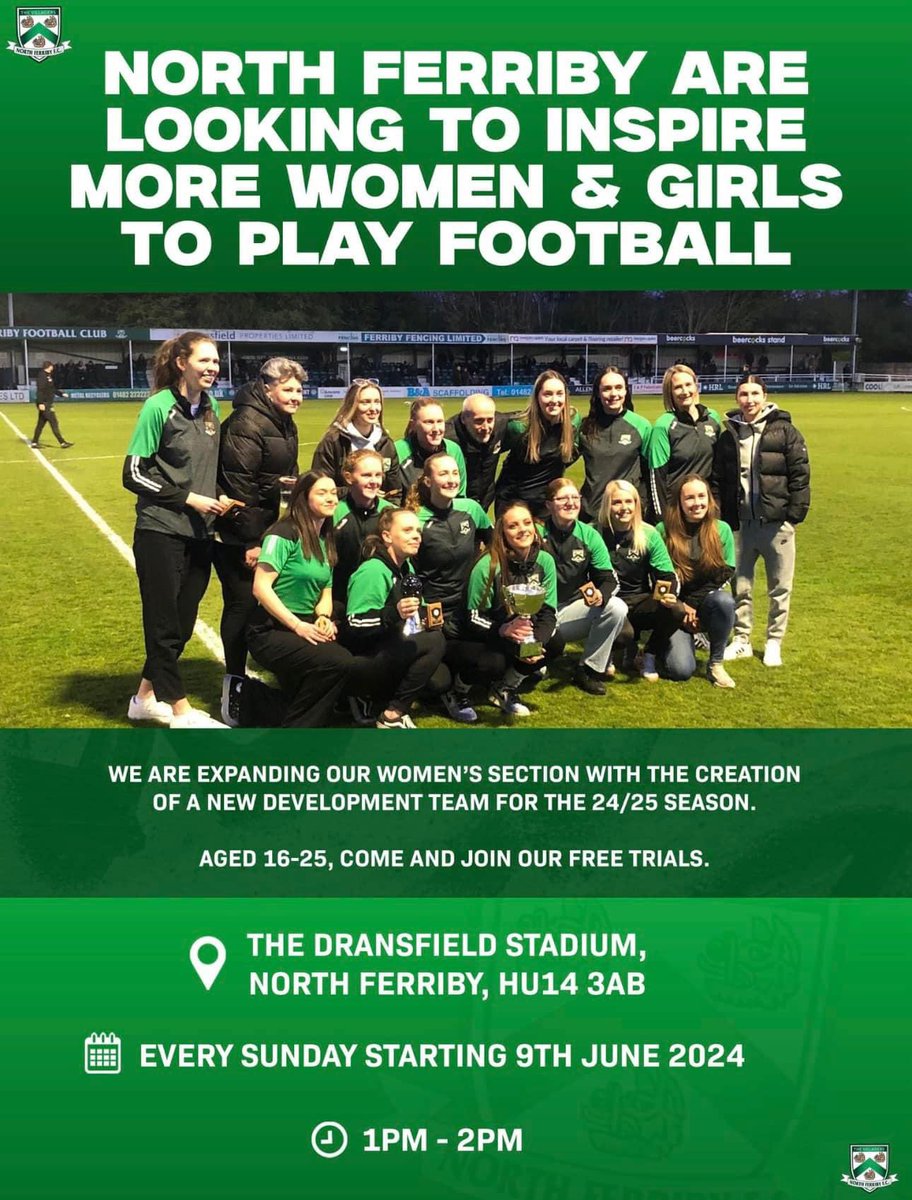 north_ferribyfc's tweet photo. We are excited to announce we are looking to inspire more girls and women to play football! If you’re 16-25 and want to start playing, or are already doing so and wish to join a top community club, why not come along to our sessions every Sunday at 1 to 2pm starting 9th June! 💚 https://t.co/eeJJmWLVco