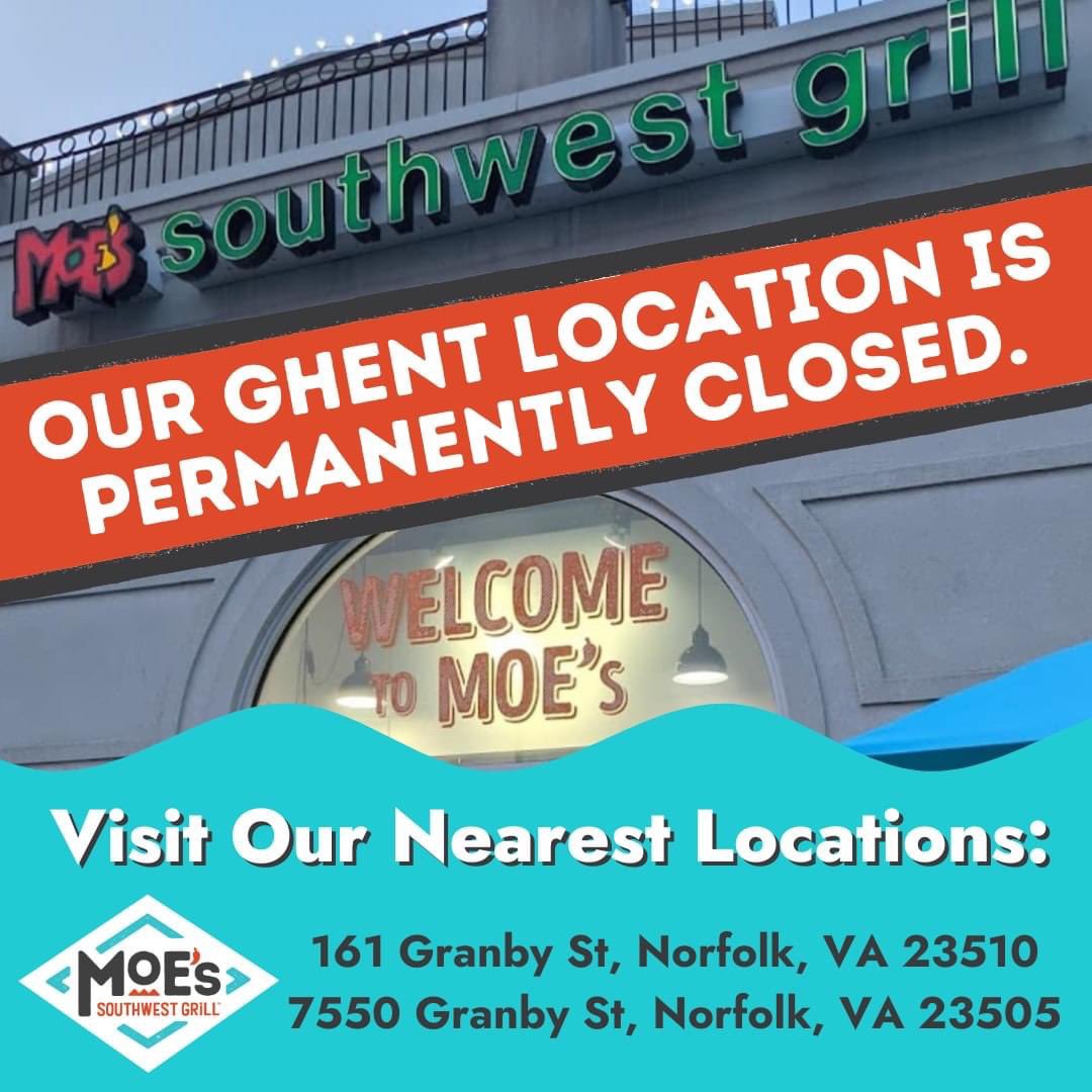 MoesHR's tweet image. After 20 years of rolling burritos in Ghent, our 21st Street store has closed. You can still enjoy all of your Moe’s favorites at our Downtown &amp;amp; Wards Corner locations in the heart of Norfolk! 🌯❤️
