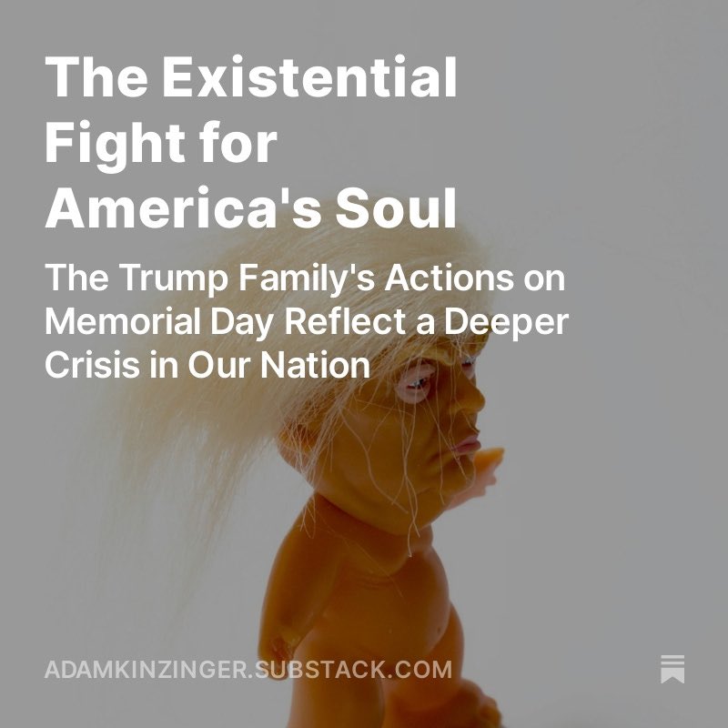 “More sinisterly, when a leader spews darkness and calls those who have sacrificed “suckers and losers,” we are approaching a point where selflessness is not seen as a virtue, but as a weakness. No society can survive that.” My latest: adamkinzinger.substack.com/p/the-existent…