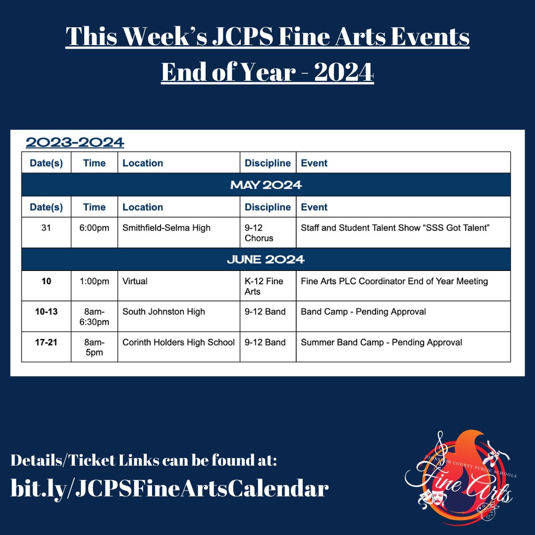 This is our final event post for the school year! Please bookmark bit.ly/JCPSFineArtsCa… for updates on summer events and the 2024-2025 events that are already taking shape! @JCPS_NC