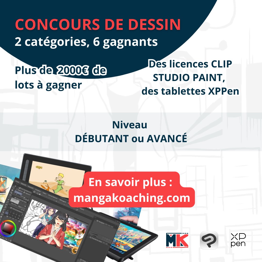 mangakoaching's tweet photo. 🔴🎨 Gros concours de dessin avec @clipstudiopaint et @XPPentablette !

2 catégorie (Débutant et avancé) avec 6 gagnants pour plus de 2000€ de lots 🎁

🕥 Vous avez jusqu'au 30 Juin 2024 pour participer !

Pour en savoir plus : https://t.co/pYK213Ibao https://t.co/Rg5GrNULCG
