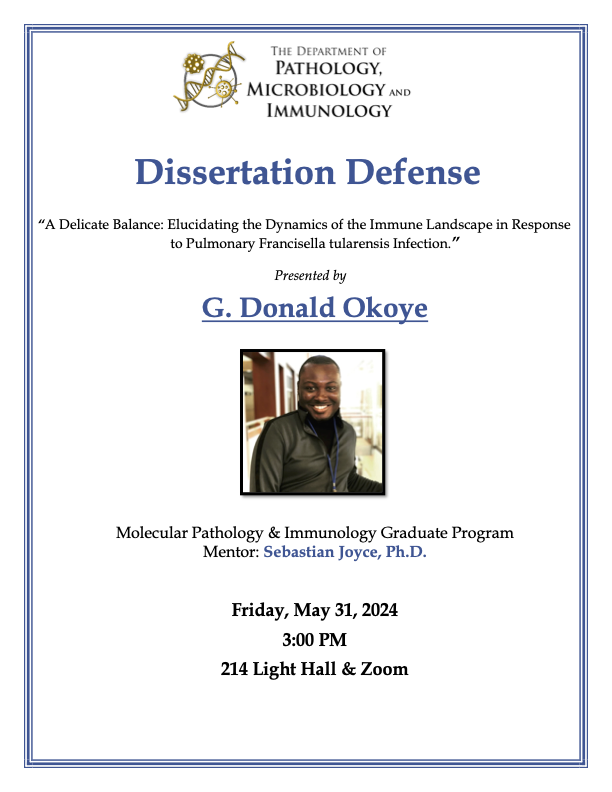 VanderbiltMSTP's tweet photo. Join us Friday, May 31 at 3:00pm in 214 LH or Zoom for @OGDonaldMSTP's Dissertation Defense! He will present "A Delicate Balance: Elucidating the Dynamics of the Immune Landscape in Response to Pulmonary Francisella tularensis Infection" completed in Dr. Sebastian Joyce's lab. https://t.co/yvDBsZs1nM